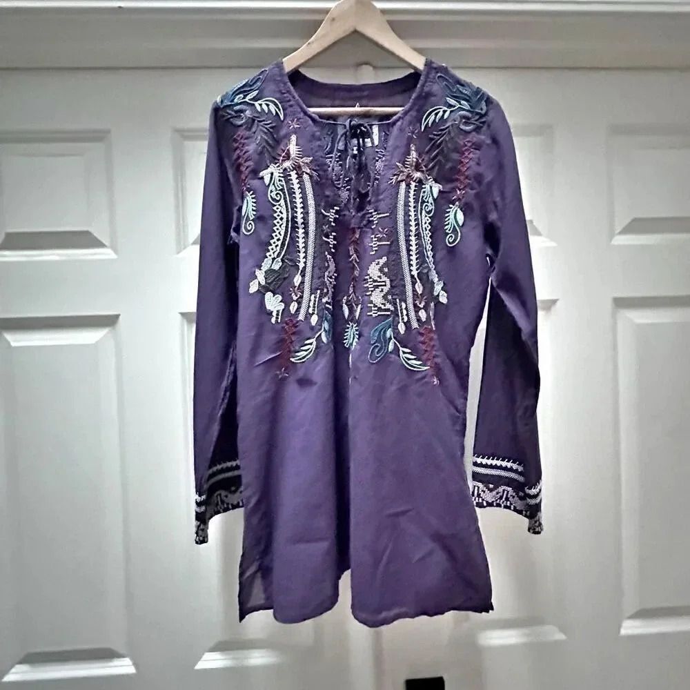 BIYA x JOHNNY WAS | Purple 100% Cotton Embroidered Tunic Top Boho Soft | Small - Picture 2 of 6